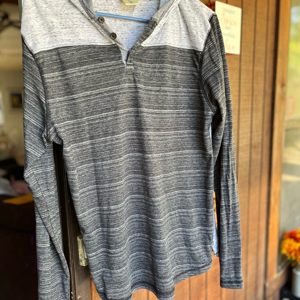 Gray Striped Long Sleeve Henley Shirt